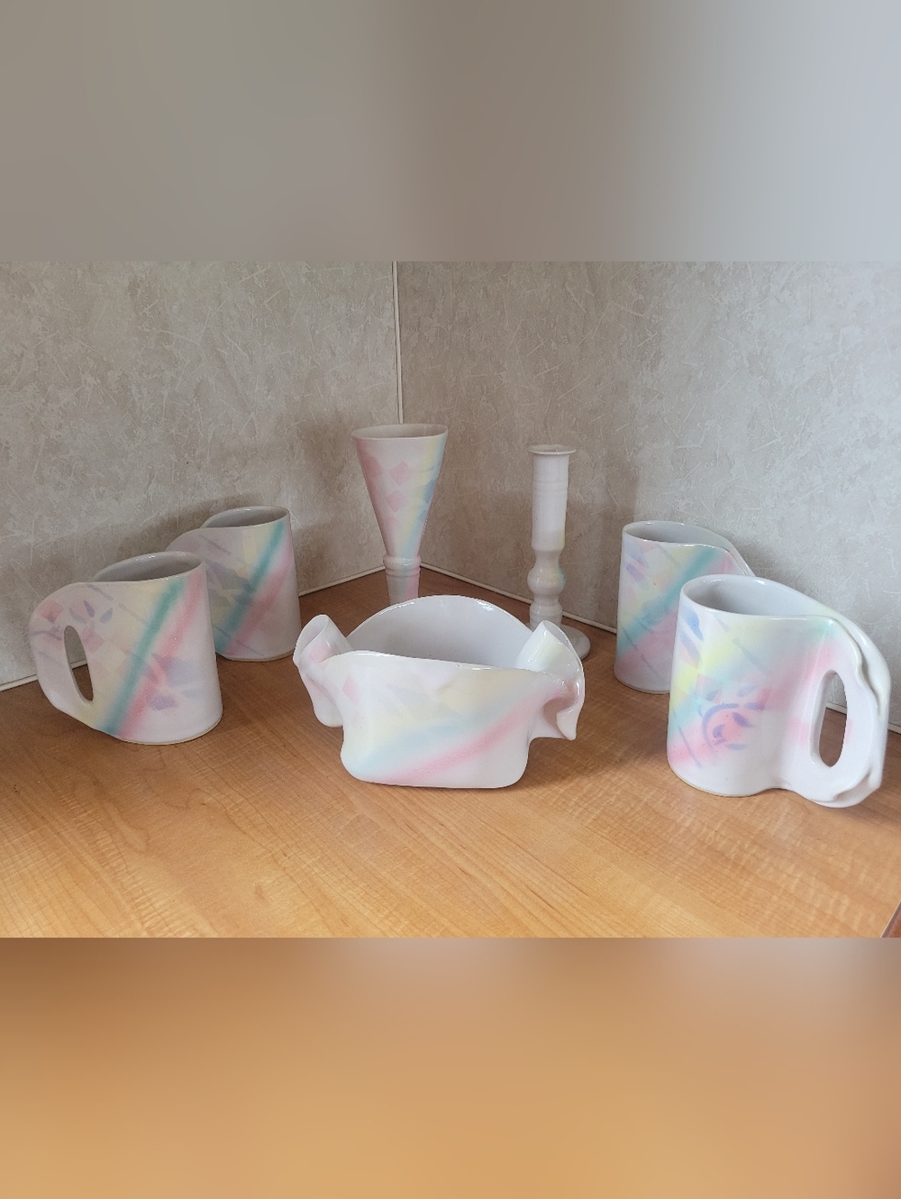 Rare Vintage Hilborn Pottery 7pc Set - Postmodern Pastel Abstract - Signed